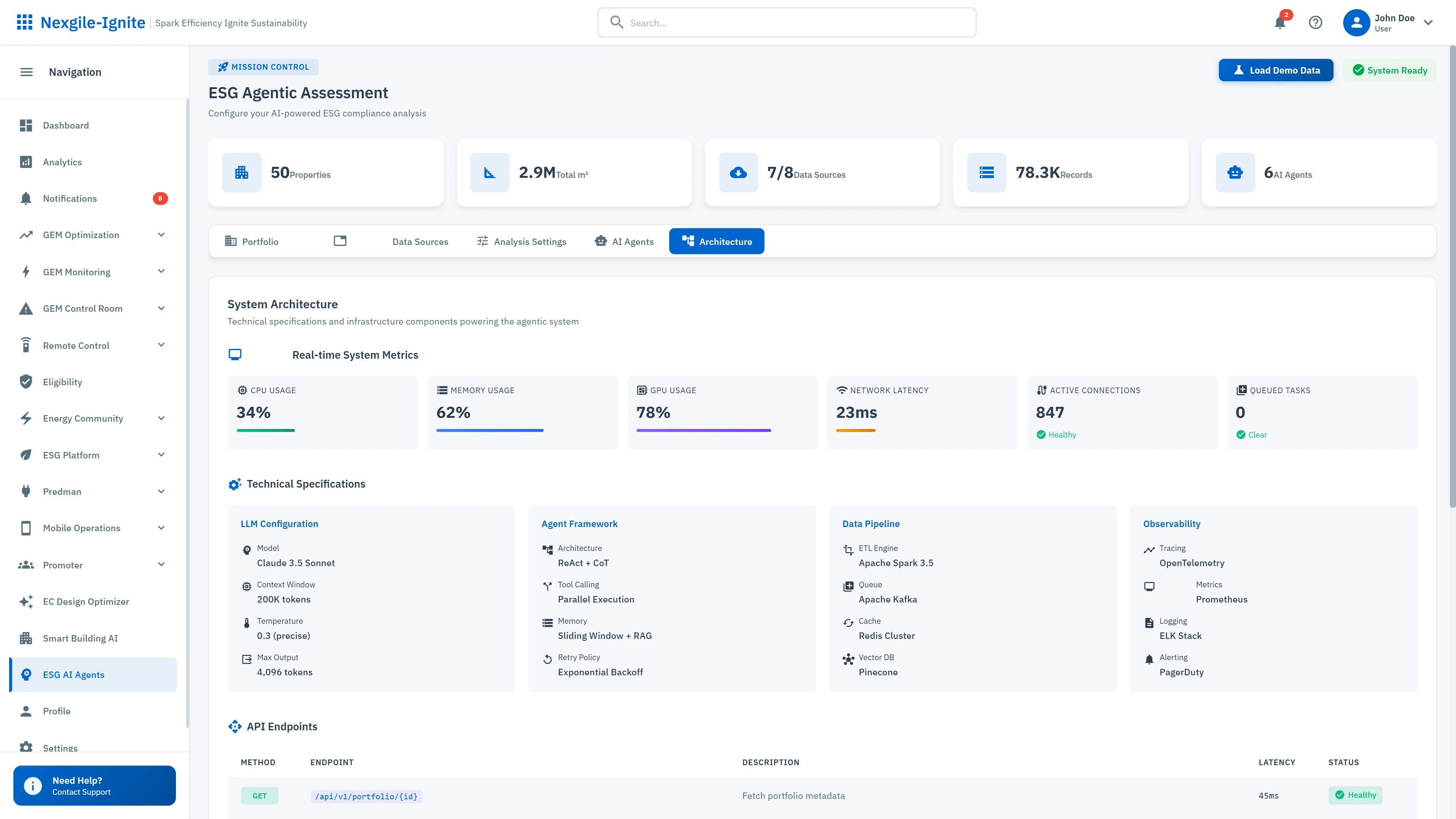Illustrative preview (sample data, not verified outcomes): ESG Agentic Assessment Platform - System architecture with 6 AI agents, technical specifications, and real-time performance metrics