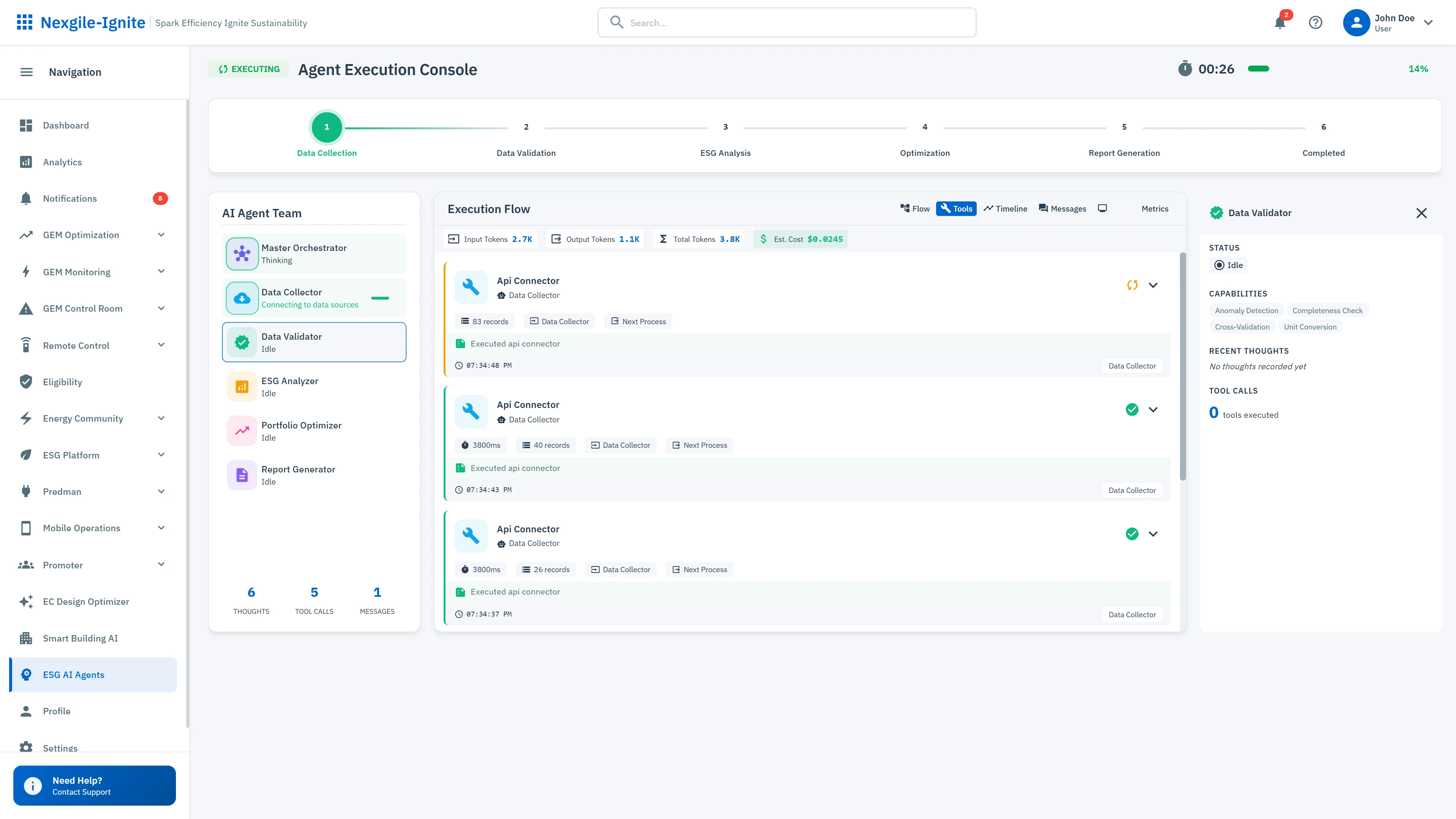 Illustrative preview (sample data, not verified outcomes): Agent Execution Console - Live workflow monitoring showing multi-agent collaboration through data collection and ESG analysis phases