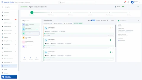 Illustrative preview (sample data, not verified outcomes): Agent Execution Console - Live workflow monitoring showing multi-agent collaboration through data collection and ESG analysis phases