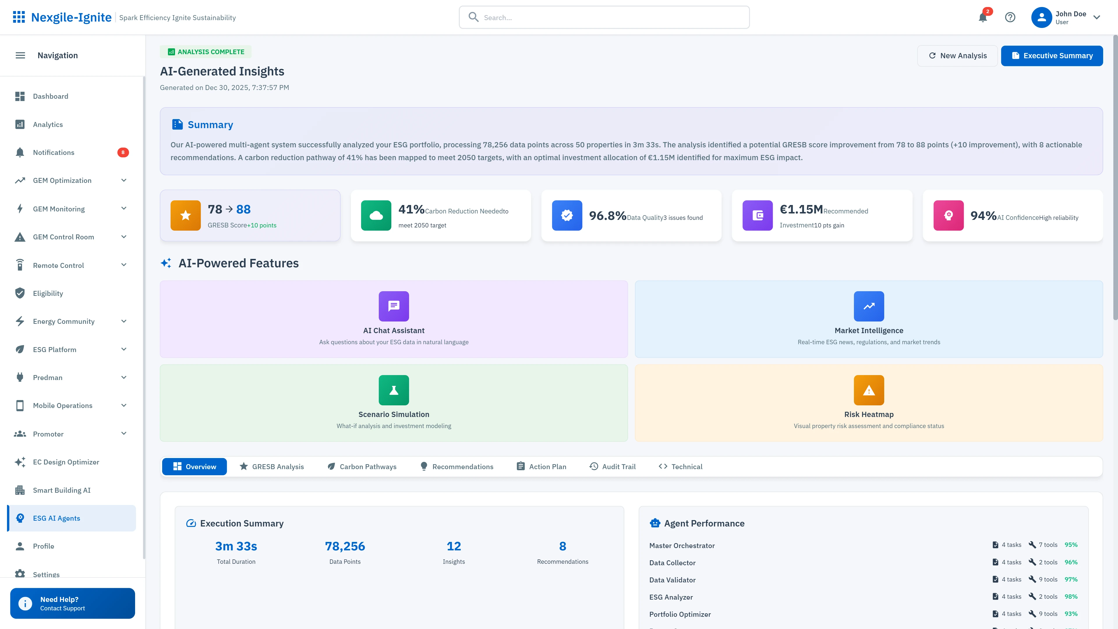 Illustrative preview (sample data, not verified outcomes): AI-Generated ESG Insights - Comprehensive analysis summary with property assessments, key metrics, and AI-powered feature recommendations