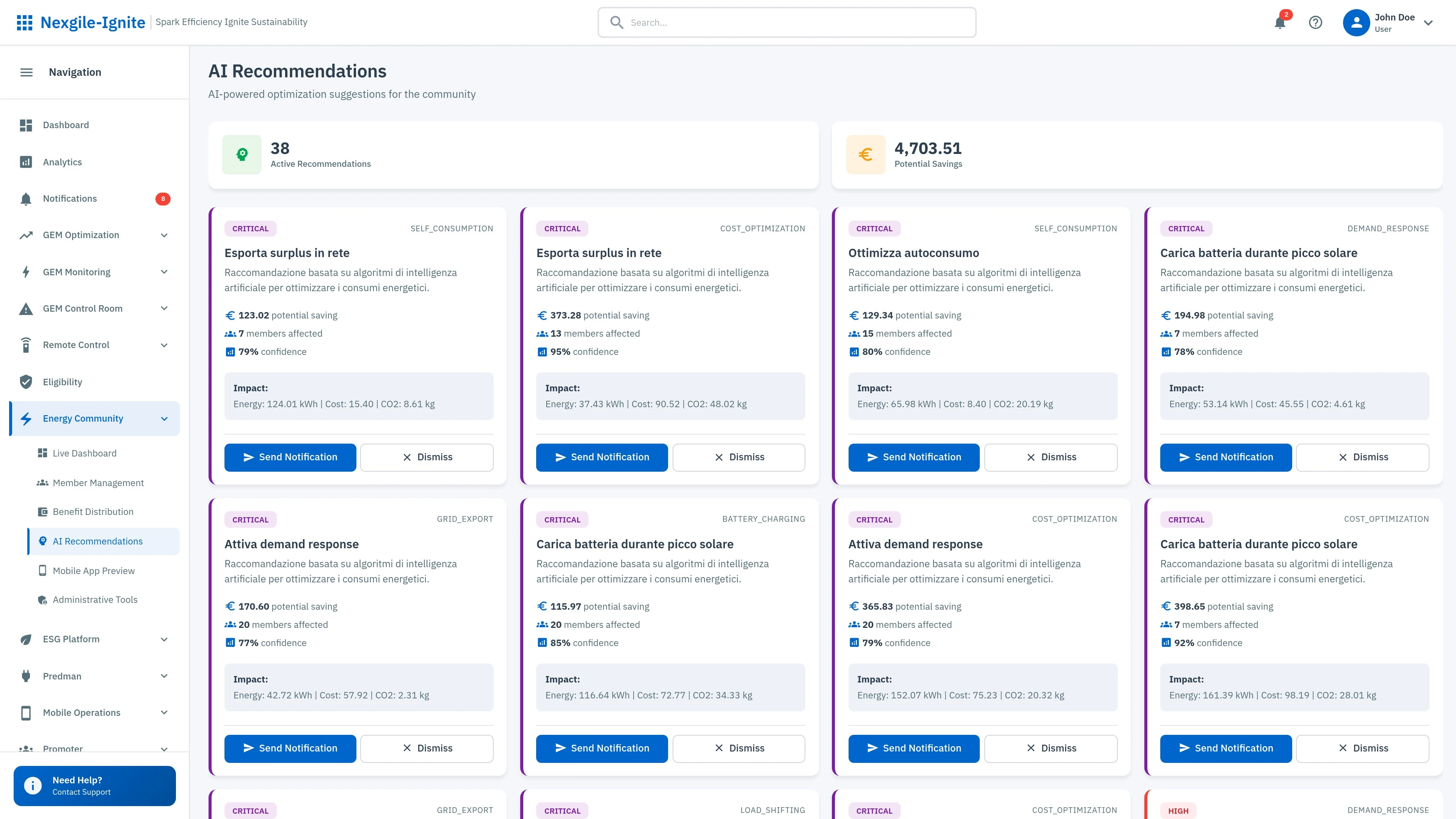 Illustrative preview (sample data, not verified outcomes): Energy Community Recommendations - AI-powered optimization suggestions