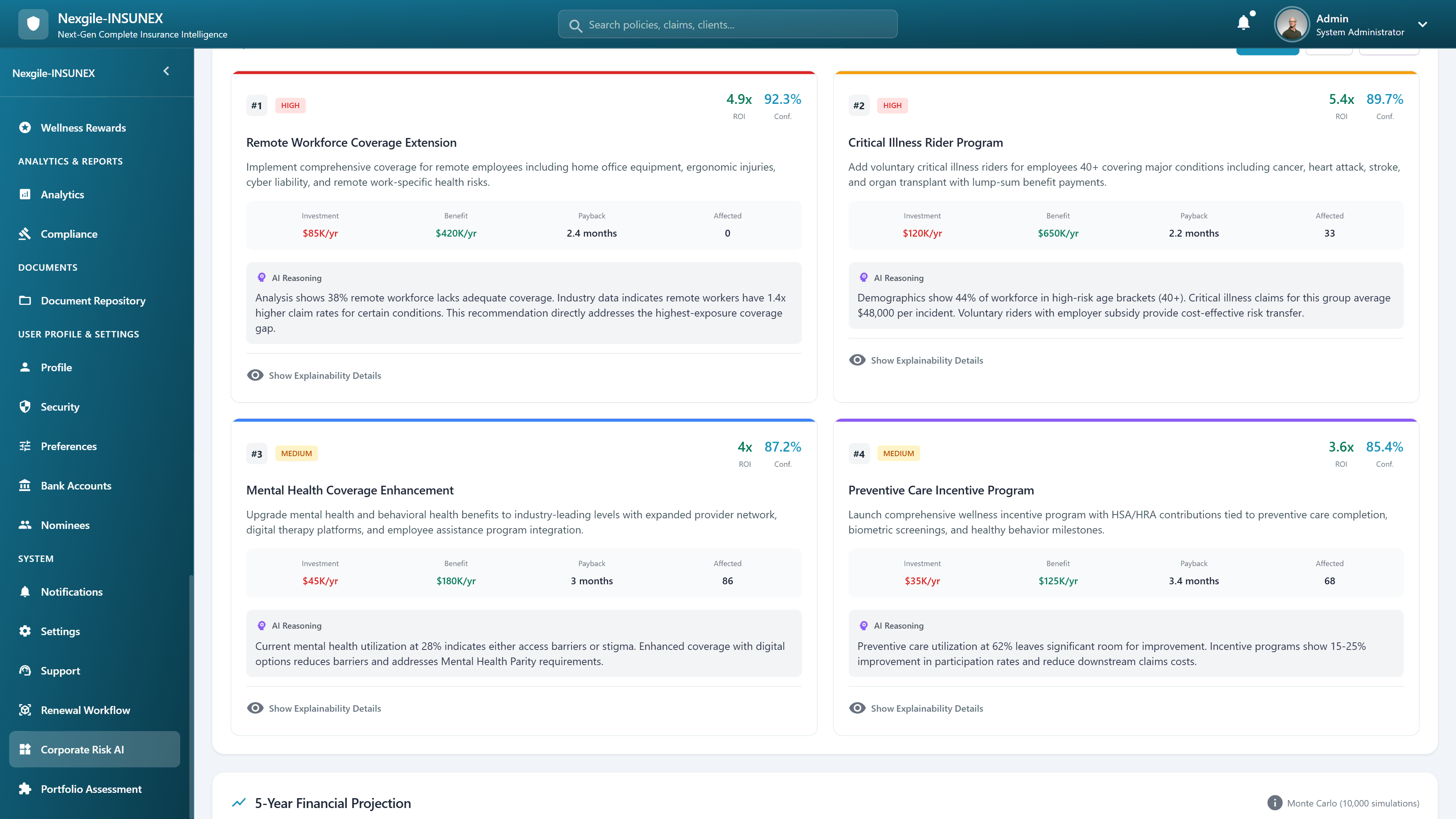 Illustrative preview (sample data, not verified outcomes): AI-Generated Recommendations with ROI