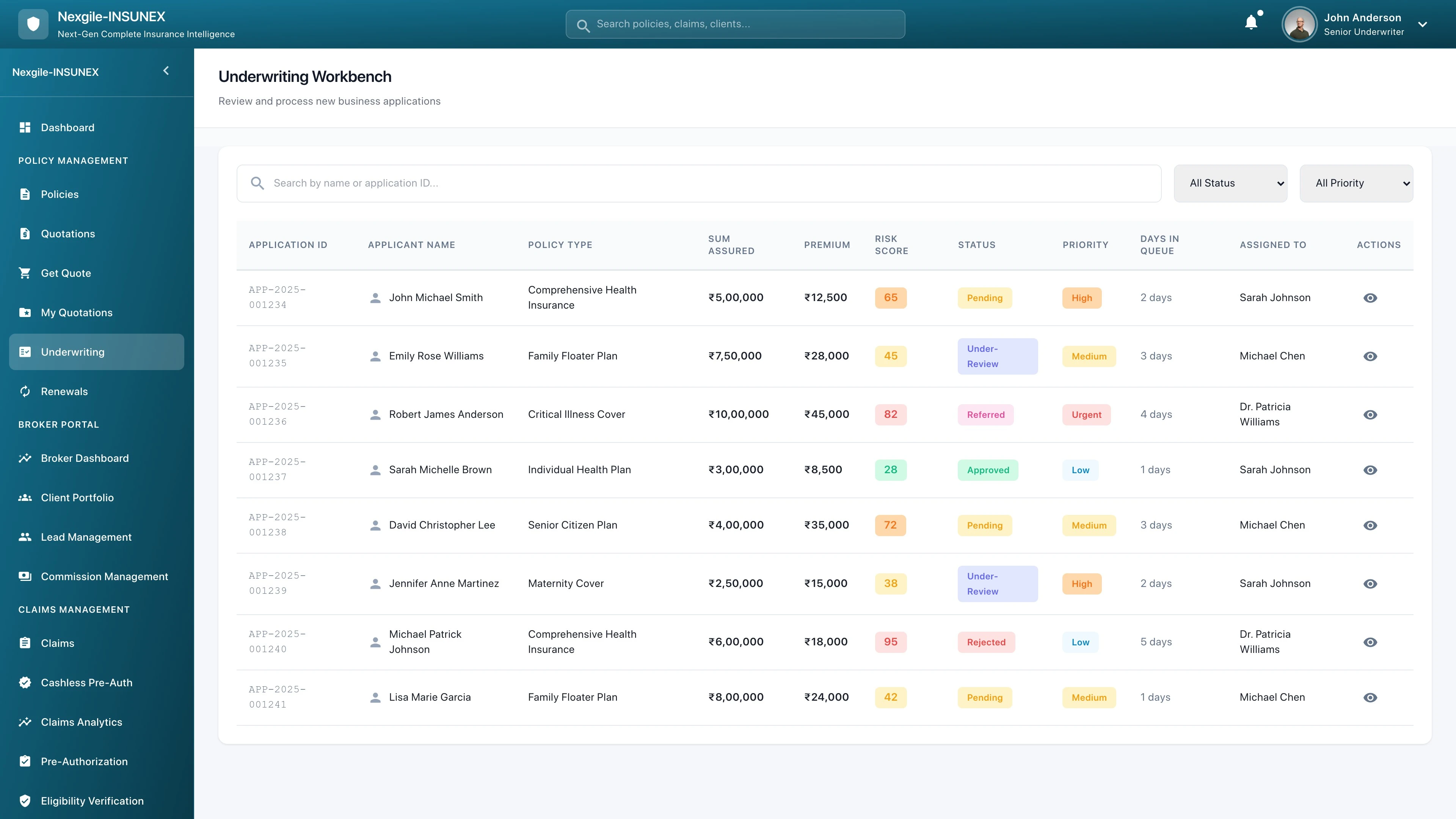 Illustrative preview (sample data, not verified outcomes): Underwriting Portal Screenshot