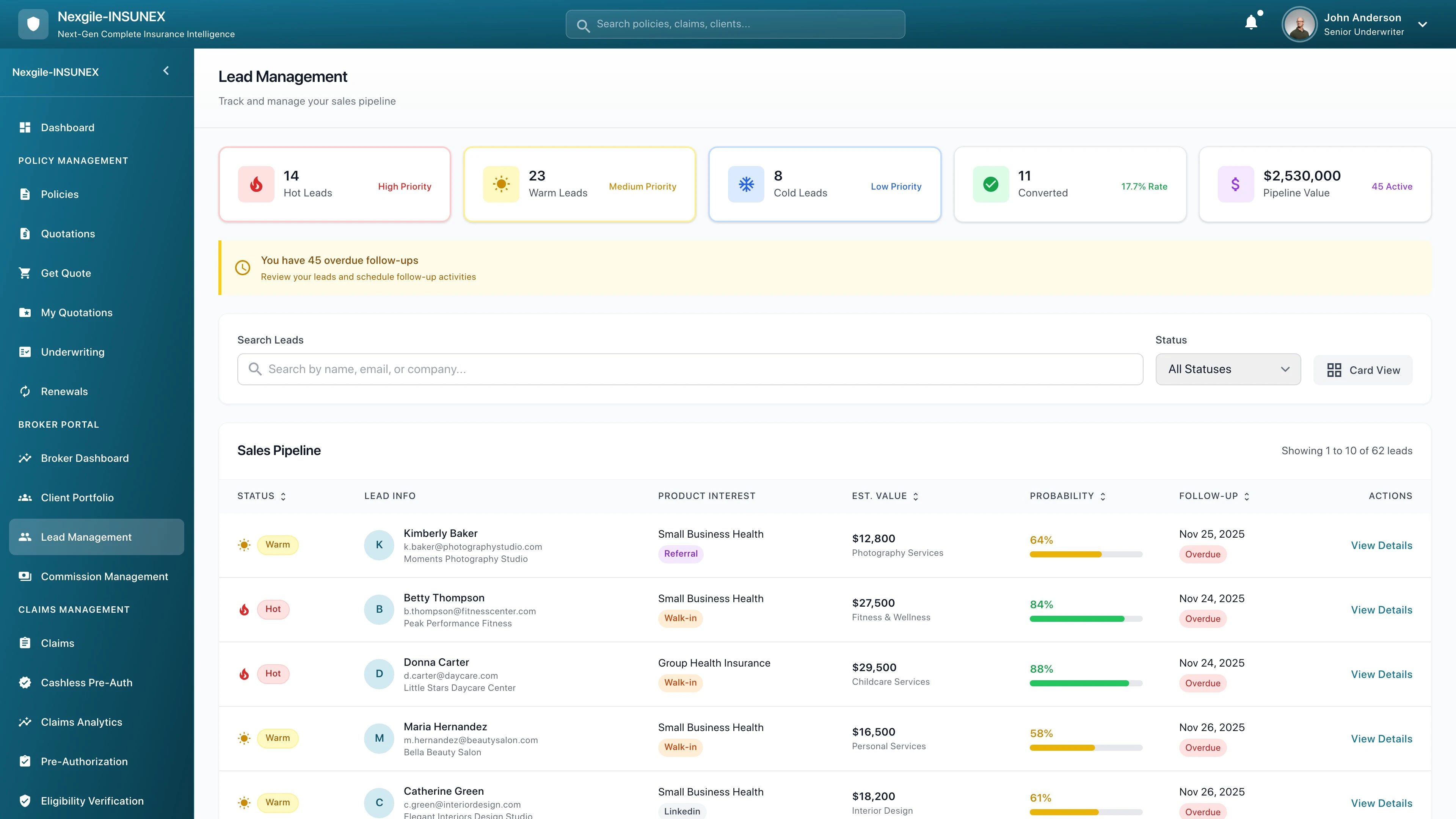 Illustrative preview (sample data, not verified outcomes): Lead Management Portal Screenshot