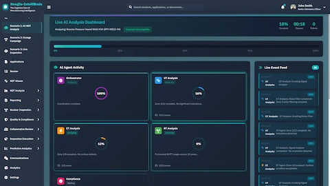Illustrative preview (sample data, not verified outcomes): Live AI Analysis Dashboard - Real-time monitoring of Orchestrator, UT Analysis, ET Analysis, and RT Analysis agents with progress tracking and live event feed