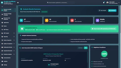 Illustrative preview (sample data, not verified outcomes): Analysis Results Summary - Defect classification results showing 17 total indications, 15 features excluded, 2 defects identified with 99.8% AI efficiency and ASME Section XI compliance