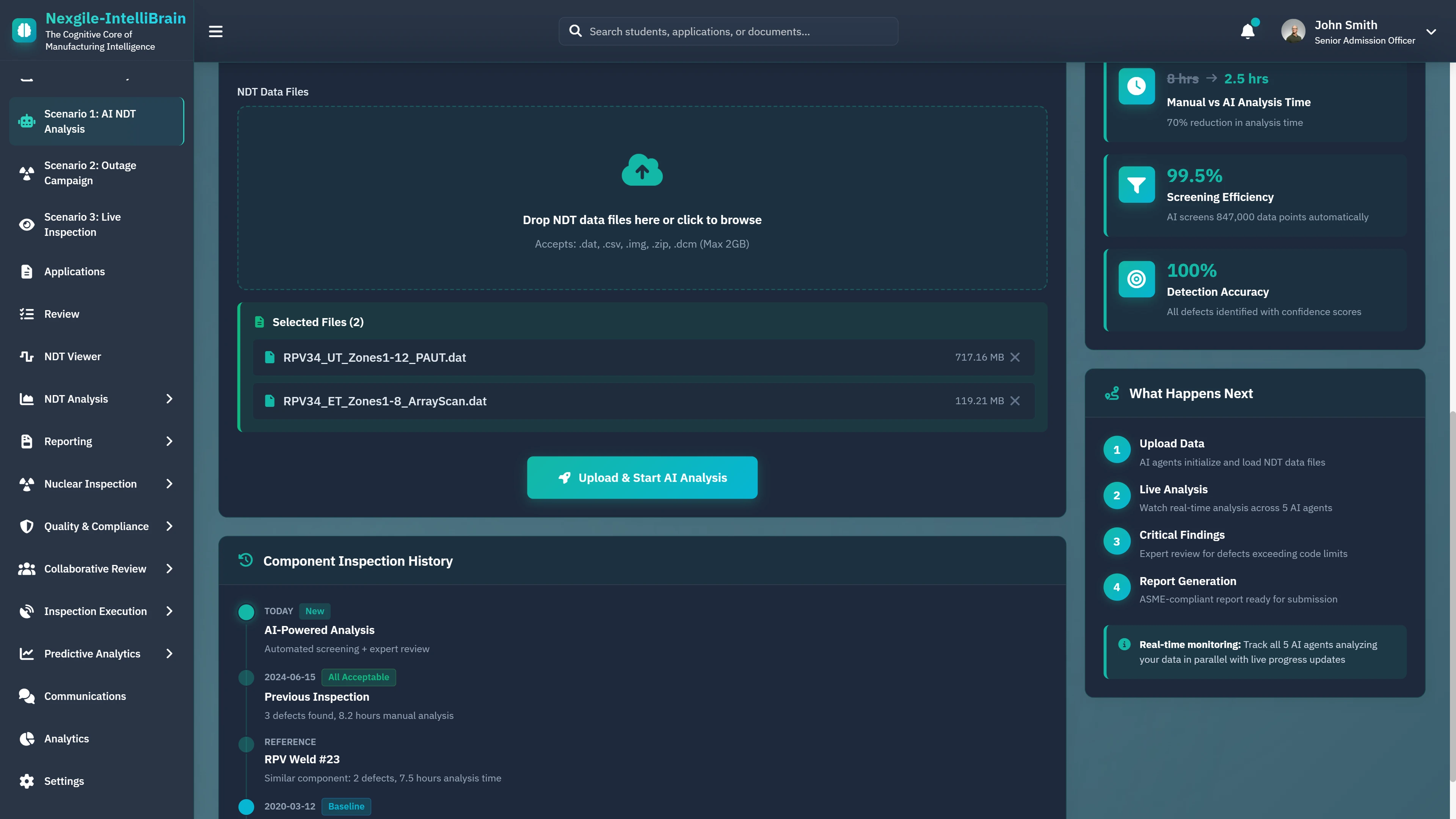 Illustrative preview (sample data, not verified outcomes): NDT Data File Upload - Drag-and-drop interface for UT and ET scan files with component inspection history and workflow guidance showing 99.5% screening efficiency
