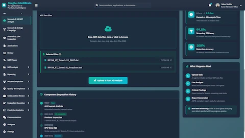 Illustrative preview (sample data, not verified outcomes): NDT Data File Upload - Drag-and-drop interface for UT and ET scan files with component inspection history and workflow guidance showing 99.5% screening efficiency