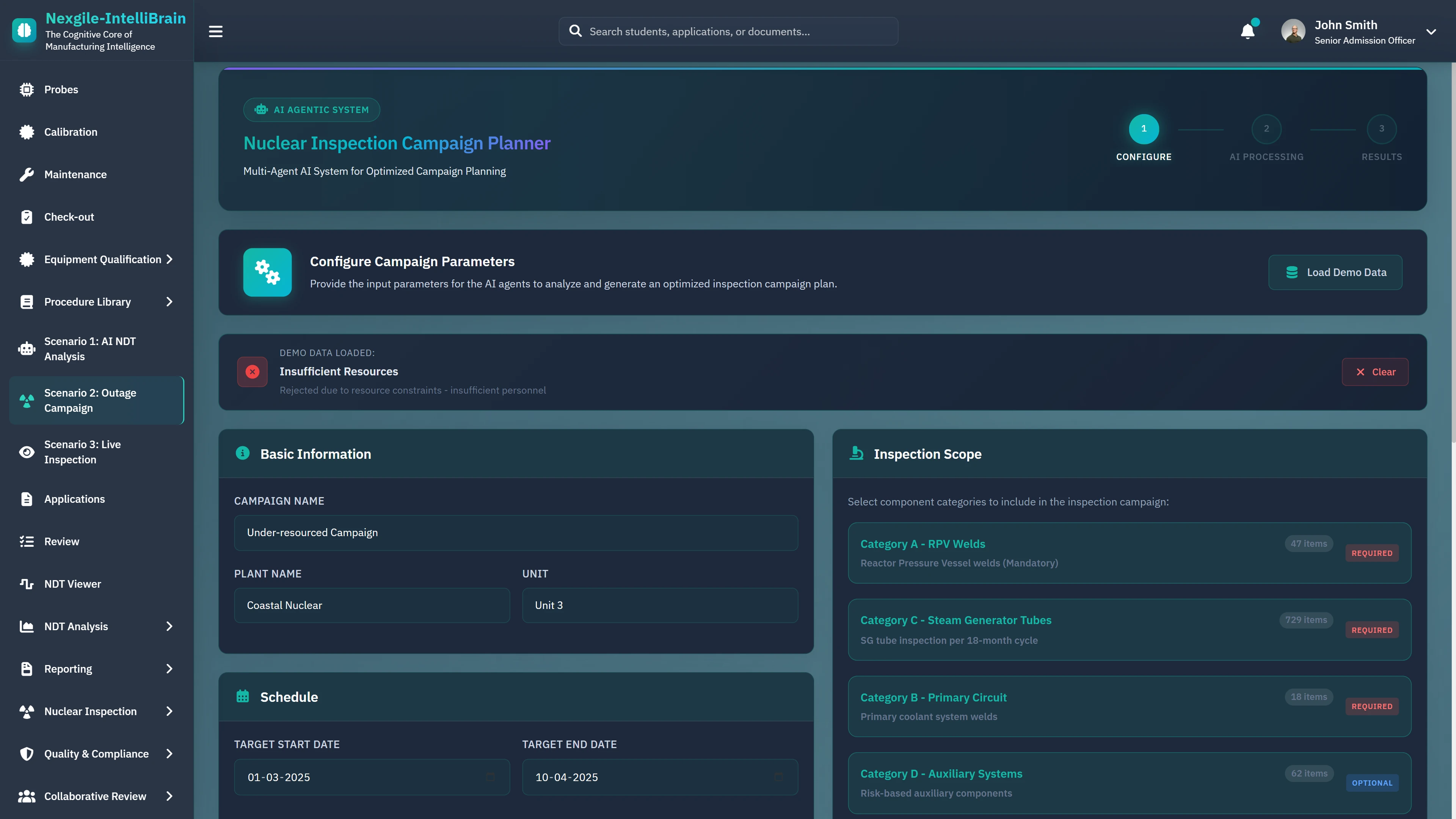Illustrative preview (sample data, not verified outcomes): Nuclear Inspection Campaign Planner - Configure campaign parameters including basic information, schedule dates, and inspection scope across RPV welds, steam generators, and primary circuit components