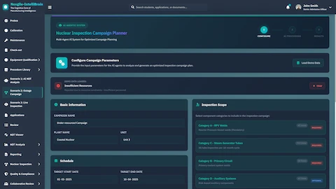 Illustrative preview (sample data, not verified outcomes): Nuclear Inspection Campaign Planner - Configure campaign parameters including basic information, schedule dates, and inspection scope across RPV welds, steam generators, and primary circuit components