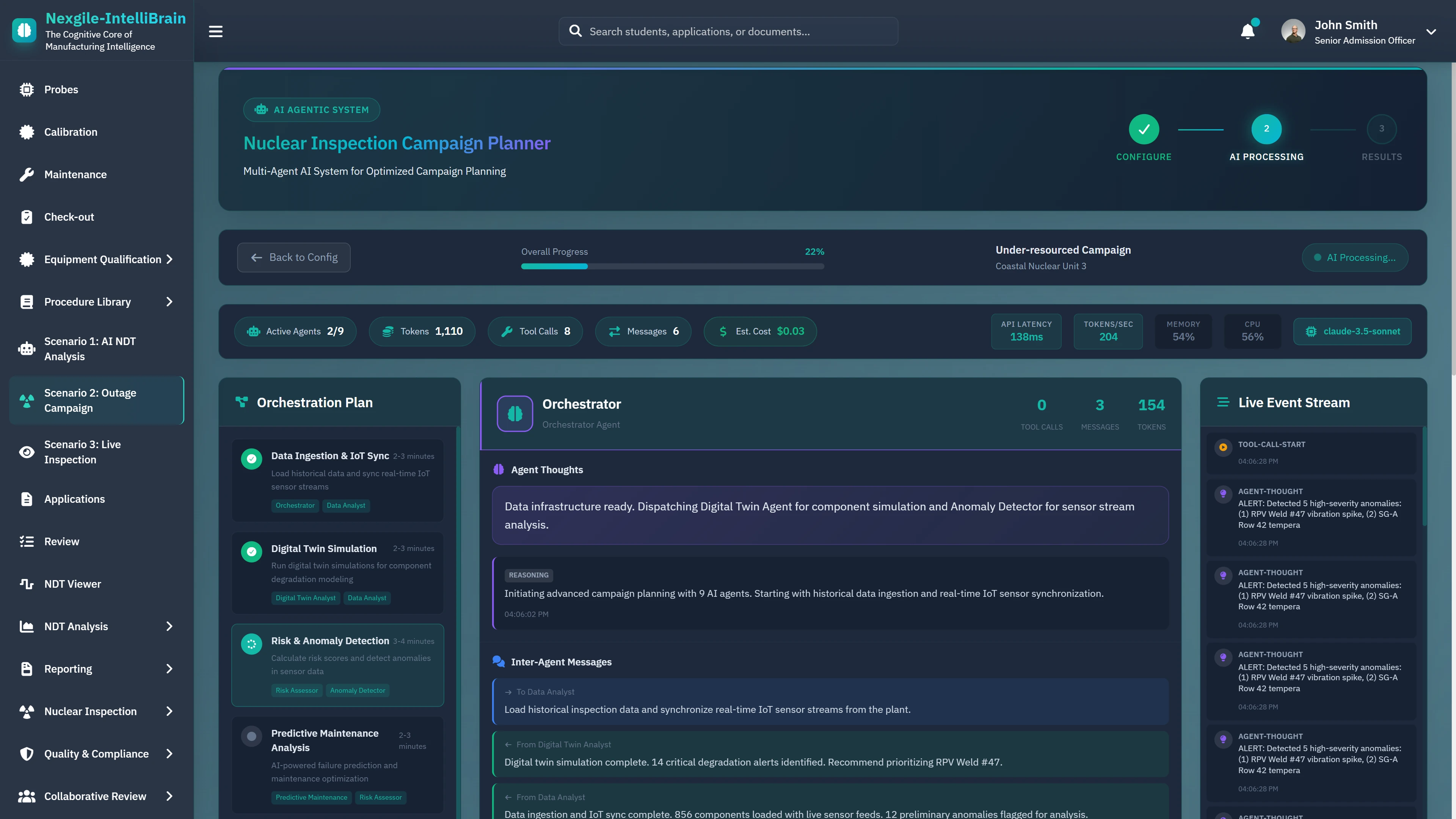 Illustrative preview (sample data, not verified outcomes): AI Orchestration in Progress - Multi-agent execution showing Data Ingestion, Digital Twin Simulation, Risk & Anomaly Detection phases with live event stream and agent messaging