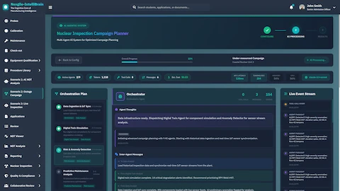 Illustrative preview (sample data, not verified outcomes): AI Orchestration in Progress - Multi-agent execution showing Data Ingestion, Digital Twin Simulation, Risk & Anomaly Detection phases with live event stream and agent messaging