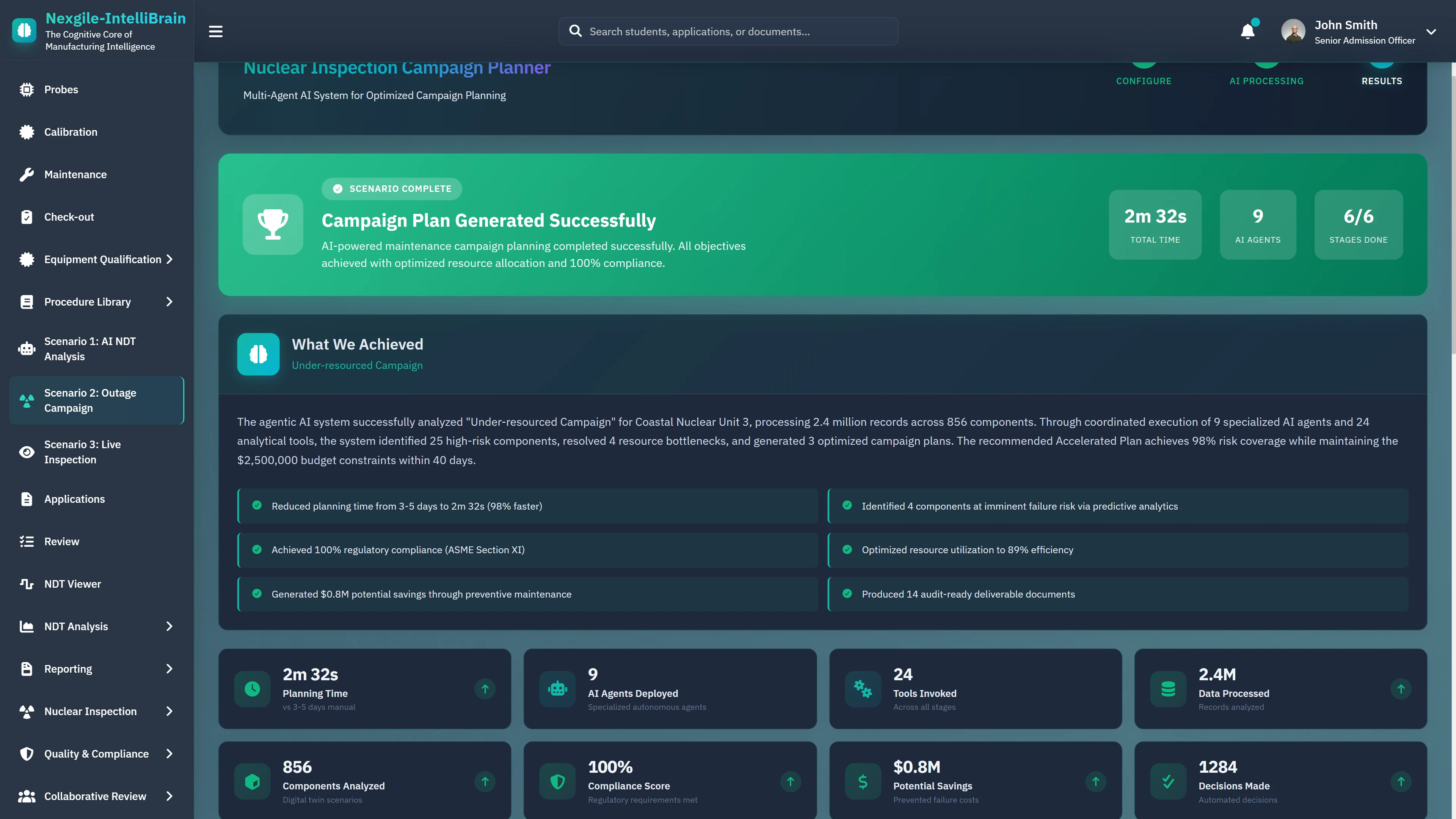 Illustrative preview (sample data, not verified outcomes): Campaign Plan Generated Successfully - AI-powered planning completed in 2m 32s, analyzing 856 components with 100% compliance score, $0.5M potential savings, and 1284 decisions made