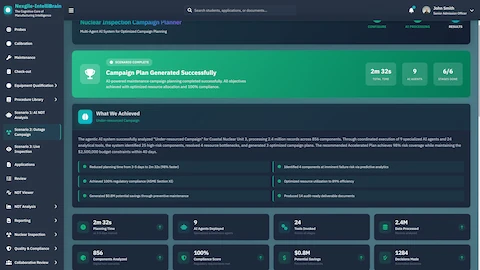 Illustrative preview (sample data, not verified outcomes): Campaign Plan Generated Successfully - AI-powered planning completed in 2m 32s, analyzing 856 components with 100% compliance score, $0.5M potential savings, and 1284 decisions made