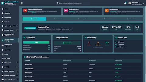 Illustrative preview (sample data, not verified outcomes): Accelerated Plan Comparison - AI vs Manual planning comparison showing 98% faster planning time, 98% risk coverage, $2.75M budget with predictive maintenance alerts and compliance status