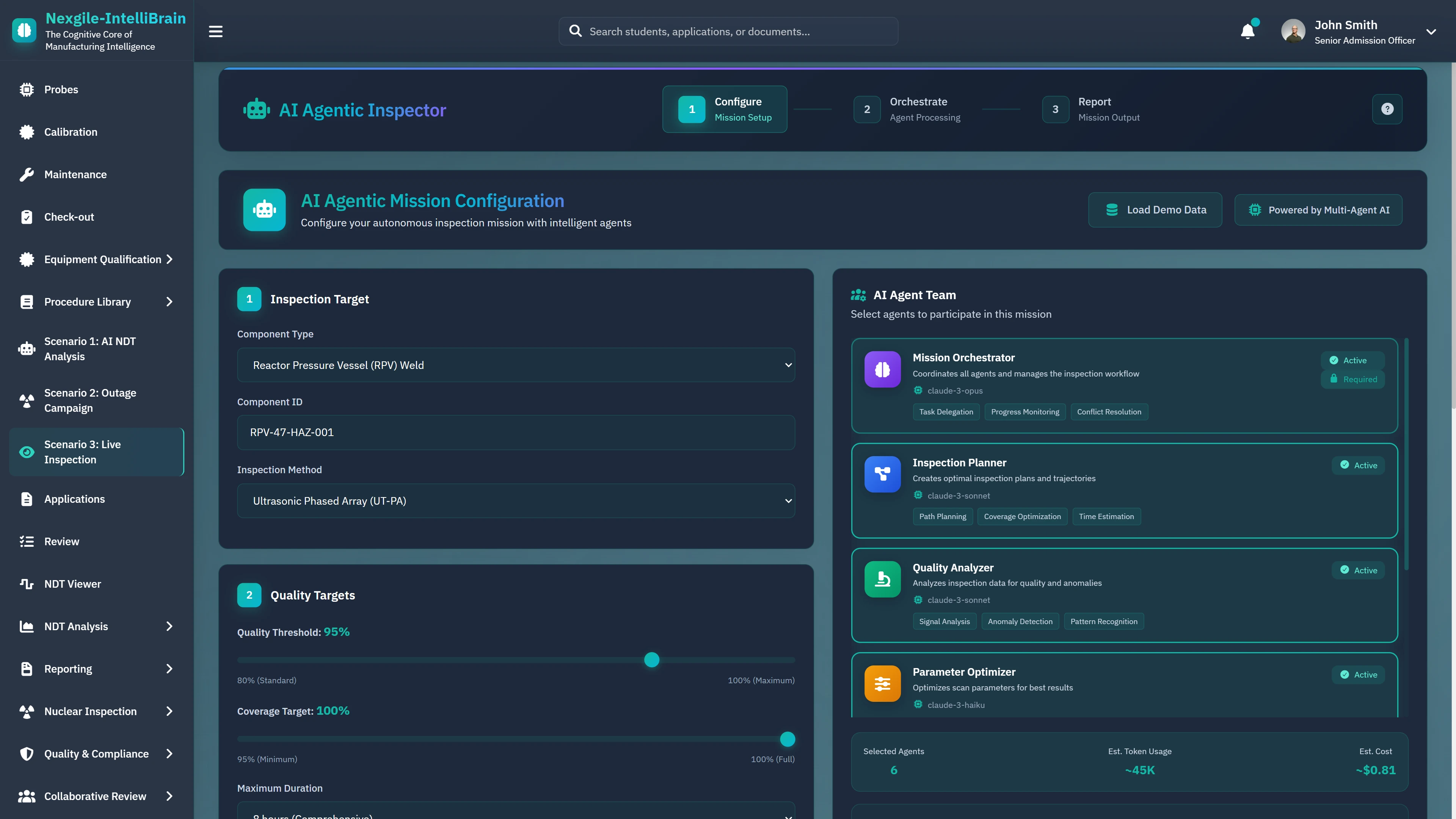 Illustrative preview (sample data, not verified outcomes): AI Agentic Mission Configuration - Setup autonomous inspection mission with target component selection, quality thresholds, and AI Agent Team including Mission Orchestrator, Planner, Analyzer, and Optimizer