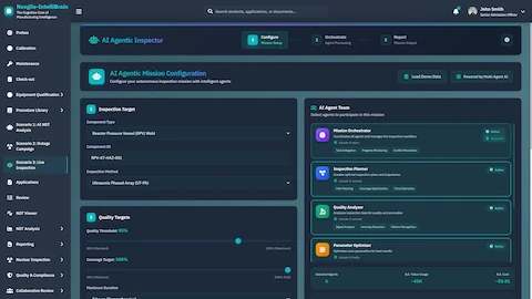 Illustrative preview (sample data, not verified outcomes): AI Agentic Mission Configuration - Setup autonomous inspection mission with target component selection, quality thresholds, and AI Agent Team including Mission Orchestrator, Planner, Analyzer, and Optimizer