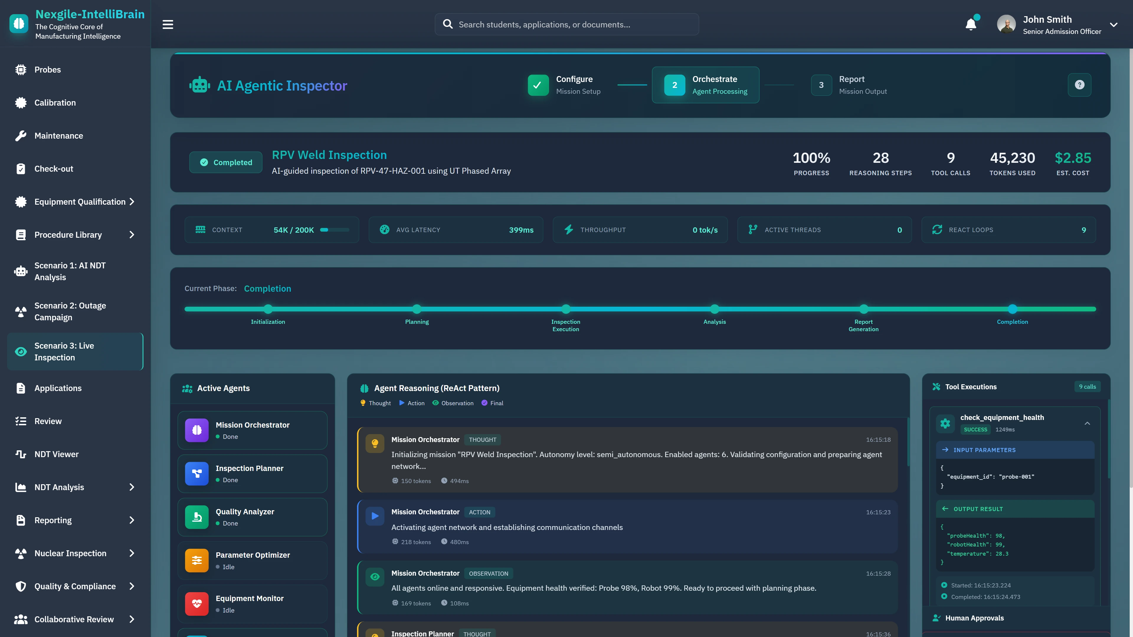 Illustrative preview (sample data, not verified outcomes): Live RPV Weld Inspection - Real-time mission execution at 100% progress showing active agents with ReAct reasoning pattern, tool executions, and equipment health monitoring