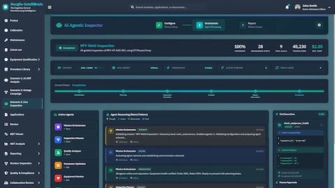 Illustrative preview (sample data, not verified outcomes): Live RPV Weld Inspection - Real-time mission execution at 100% progress showing active agents with ReAct reasoning pattern, tool executions, and equipment health monitoring