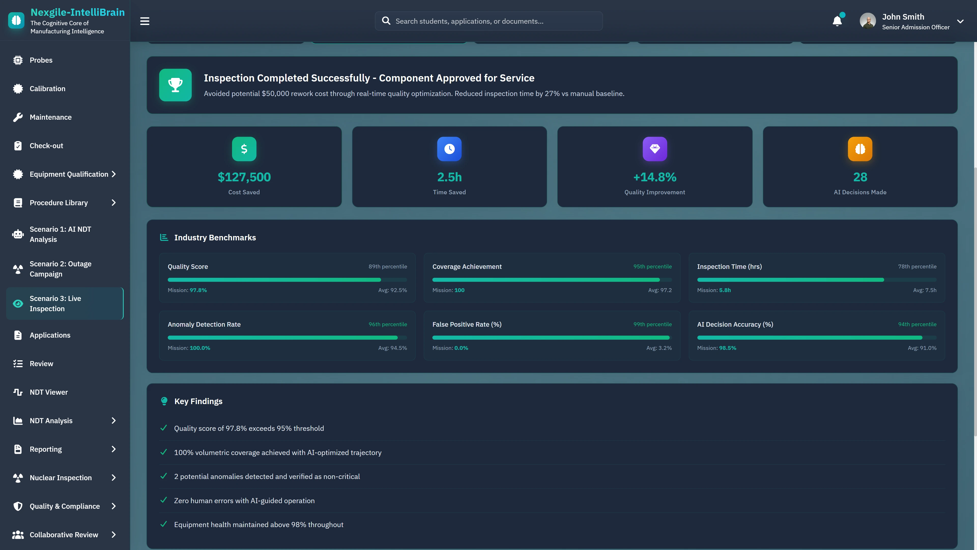 Illustrative preview (sample data, not verified outcomes): Inspection Success Metrics - $127,500 cost saved, 2.5h time saved, +14.5% quality improvement with industry benchmarks comparison and key findings summary
