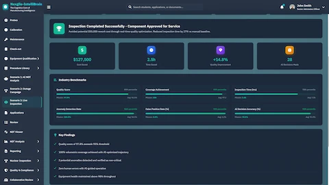 Illustrative preview (sample data, not verified outcomes): Inspection Success Metrics - $127,500 cost saved, 2.5h time saved, +14.5% quality improvement with industry benchmarks comparison and key findings summary