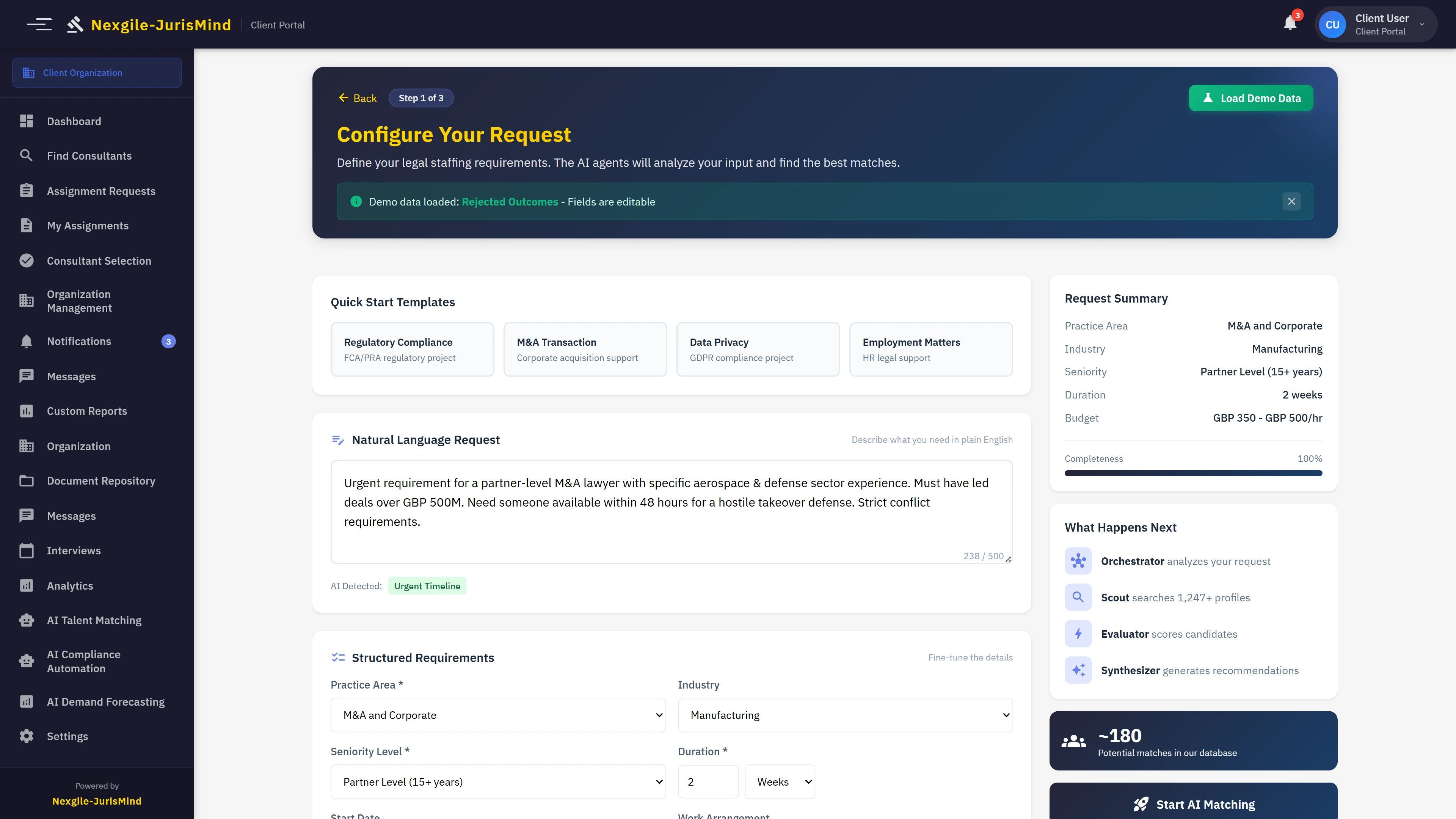 Illustrative preview (sample data, not verified outcomes): AI Talent Matching Dashboard - Multi-agent orchestration overview