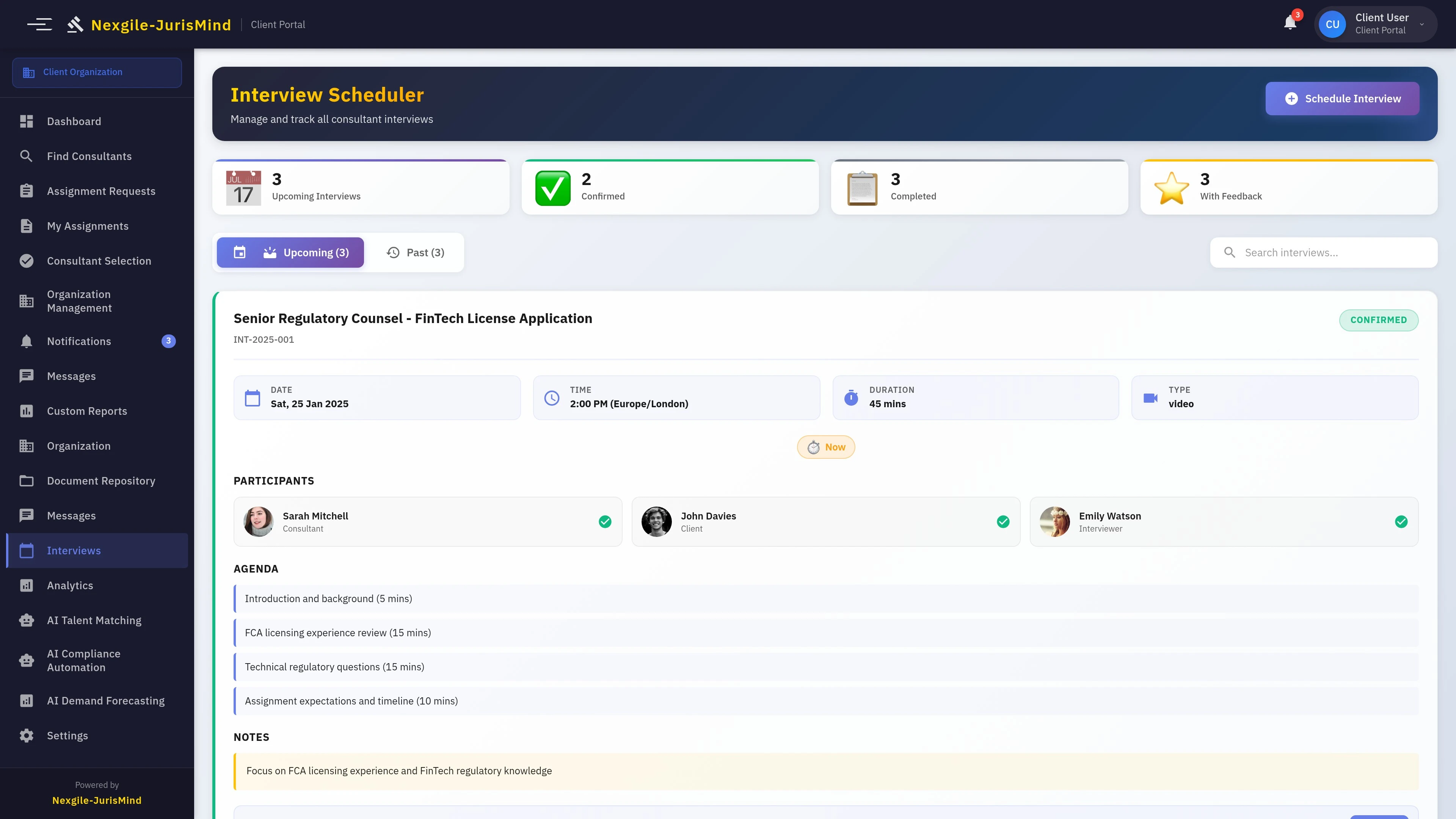 Illustrative preview (sample data, not verified outcomes): Interviews Page - Schedule and manage consultant interviews