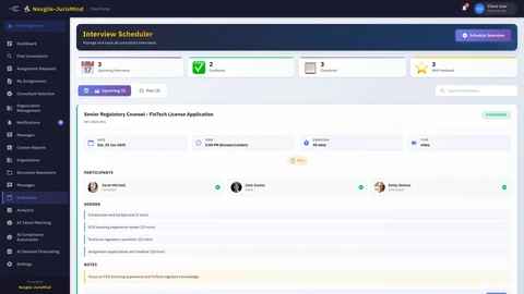 Illustrative preview (sample data, not verified outcomes): Interviews Page - Schedule and manage consultant interviews