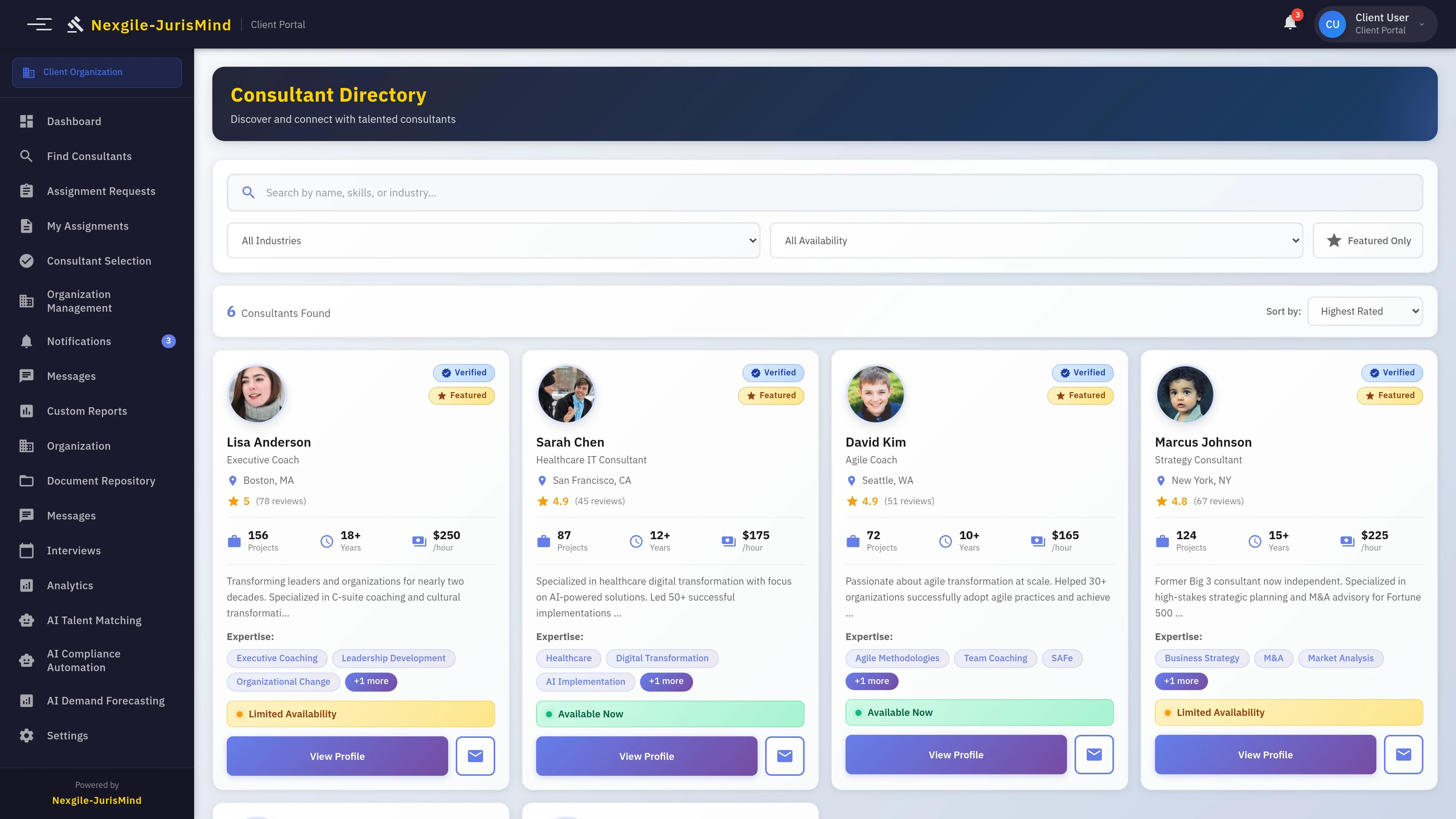 Illustrative preview (sample data, not verified outcomes): Community Directory - Browse and connect with consultant profiles