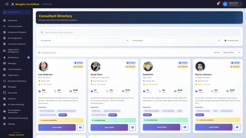 Illustrative preview (sample data, not verified outcomes): Community Directory - Browse and connect with consultant profiles