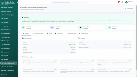 Illustrative preview (sample data, not verified outcomes): Fulfillment Results & Recommendations - Comprehensive plan summary with inventory allocation, pricing optimization, and delivery timeline