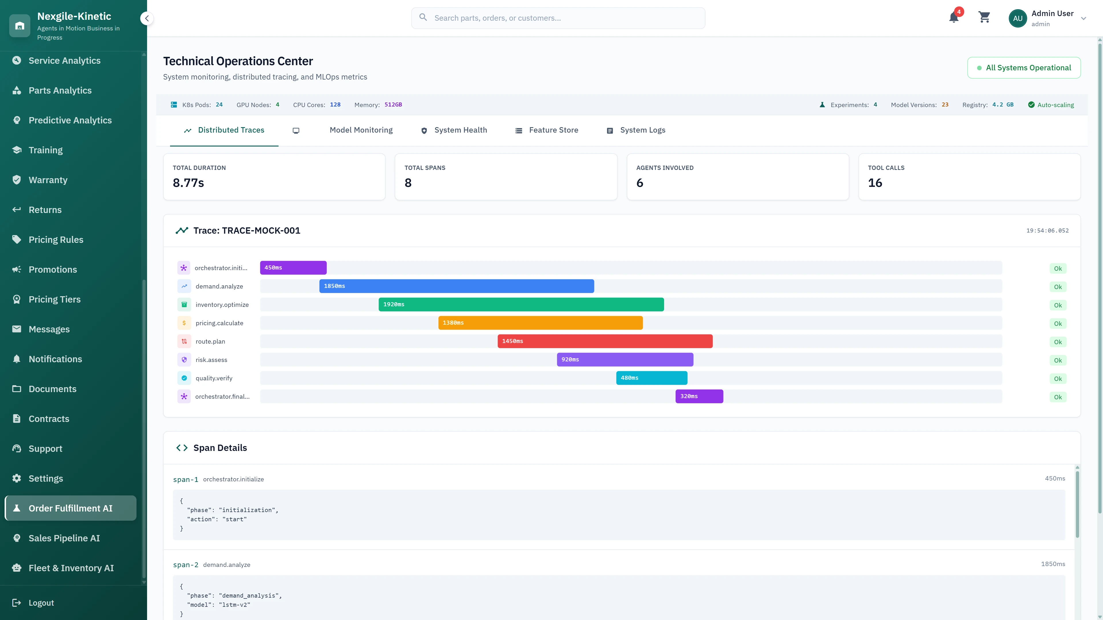 Illustrative preview (sample data, not verified outcomes): Technical Operations Center - Distributed tracing system with span details, model monitoring, and feature store for ML observability