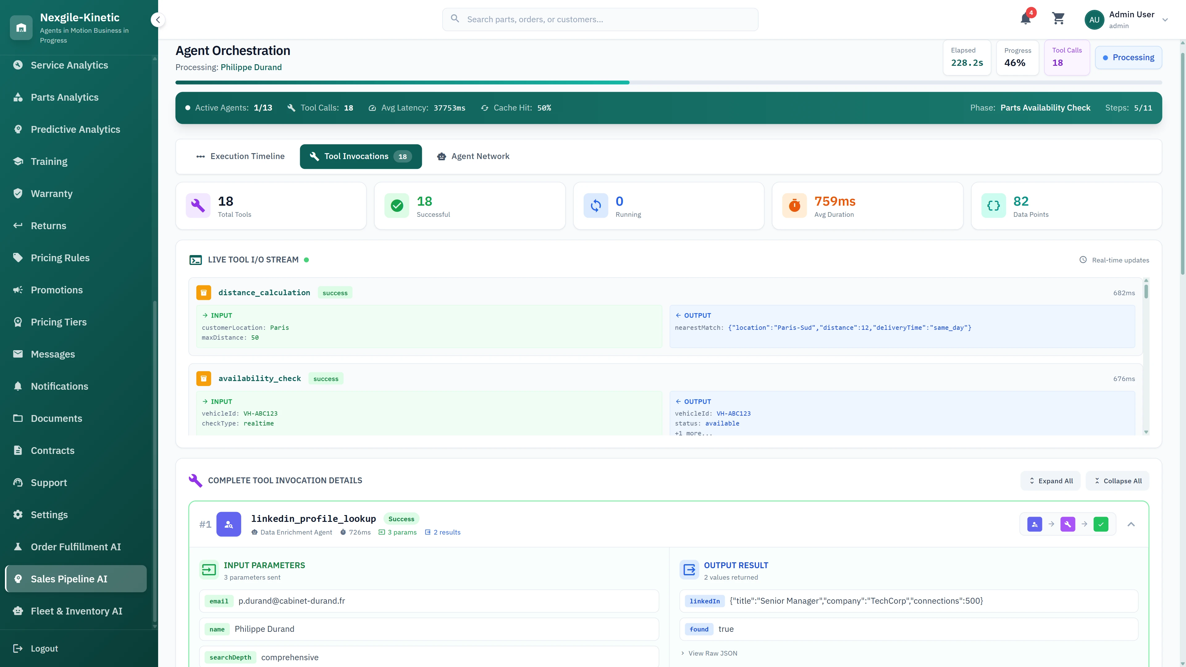Illustrative preview (sample data, not verified outcomes): Multi-Agent Orchestration Theater - Real-time execution flow showing 13 specialized agents processing lead qualification with task details