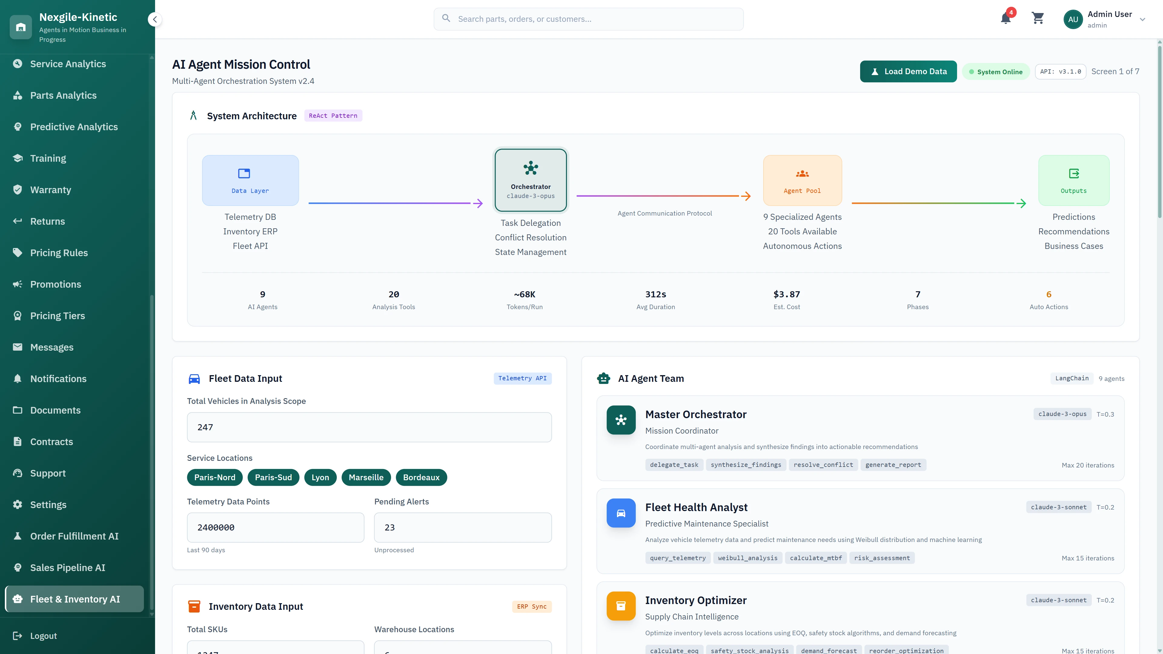 Illustrative preview (sample data, not verified outcomes): AI Agent Mission Control - System architecture overview with fleet data inputs, orchestration flow, and specialized agent coordination