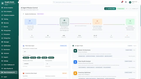 Illustrative preview (sample data, not verified outcomes): AI Agent Mission Control - System architecture overview with fleet data inputs, orchestration flow, and specialized agent coordination