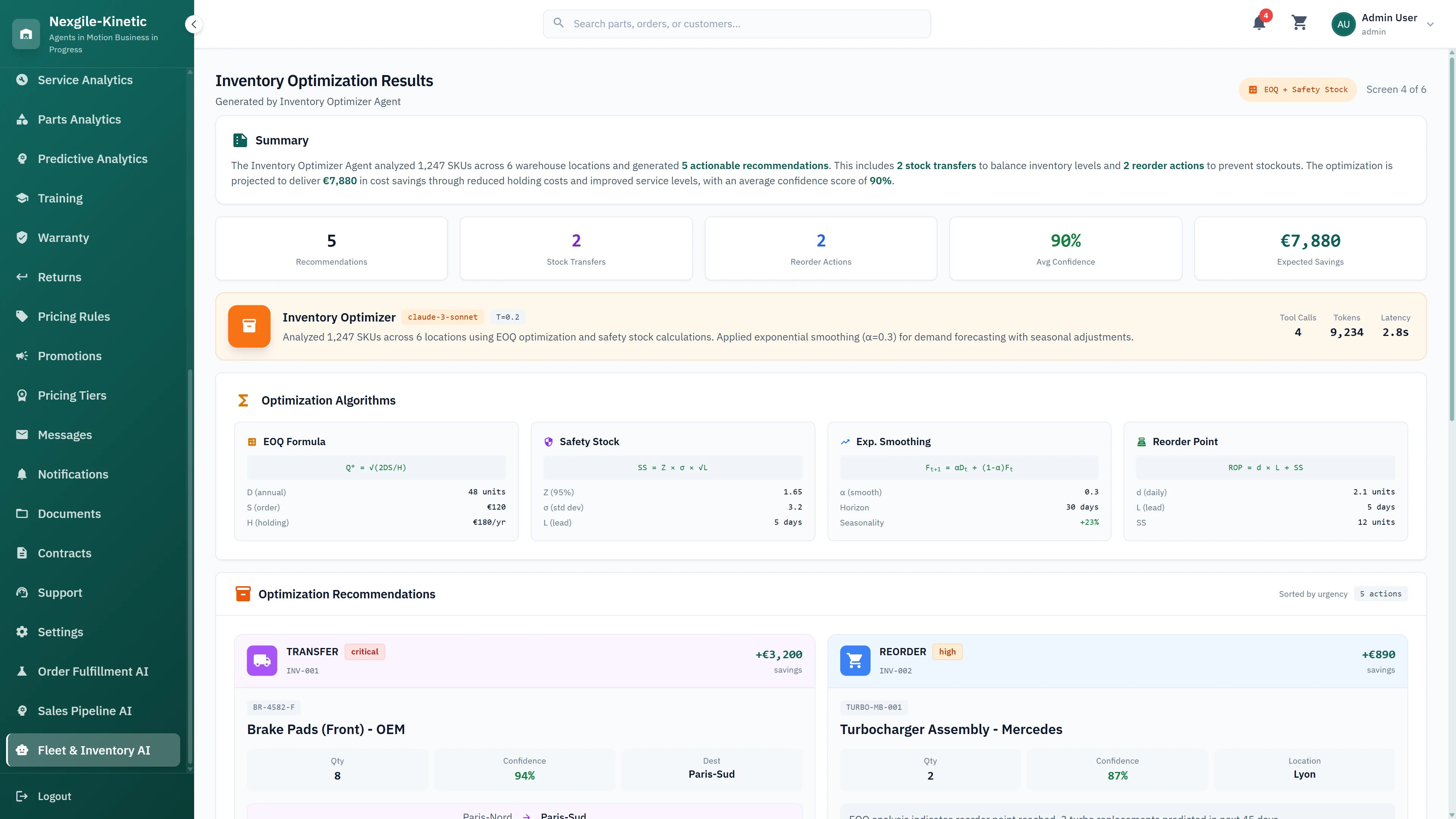 Illustrative preview (sample data, not verified outcomes): Inventory Optimization Results - EOQ calculations, safety stock recommendations, and automated procurement suggestions with projected savings