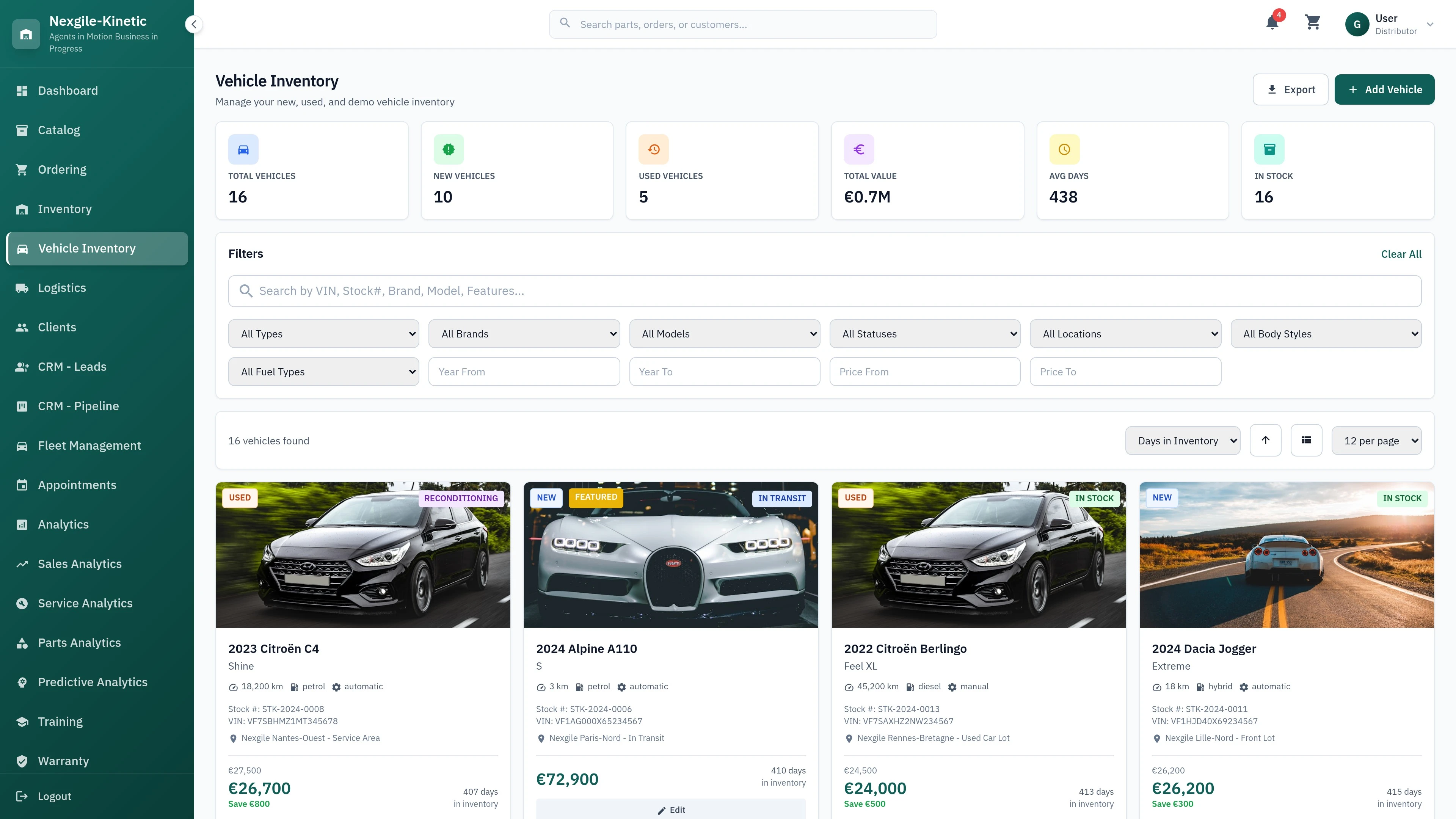 Illustrative preview (sample data, not verified outcomes): Vehicles Page - Multi-brand vehicle inventory management