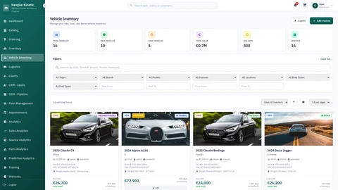 Illustrative preview (sample data, not verified outcomes): Vehicles Page - Multi-brand vehicle inventory management