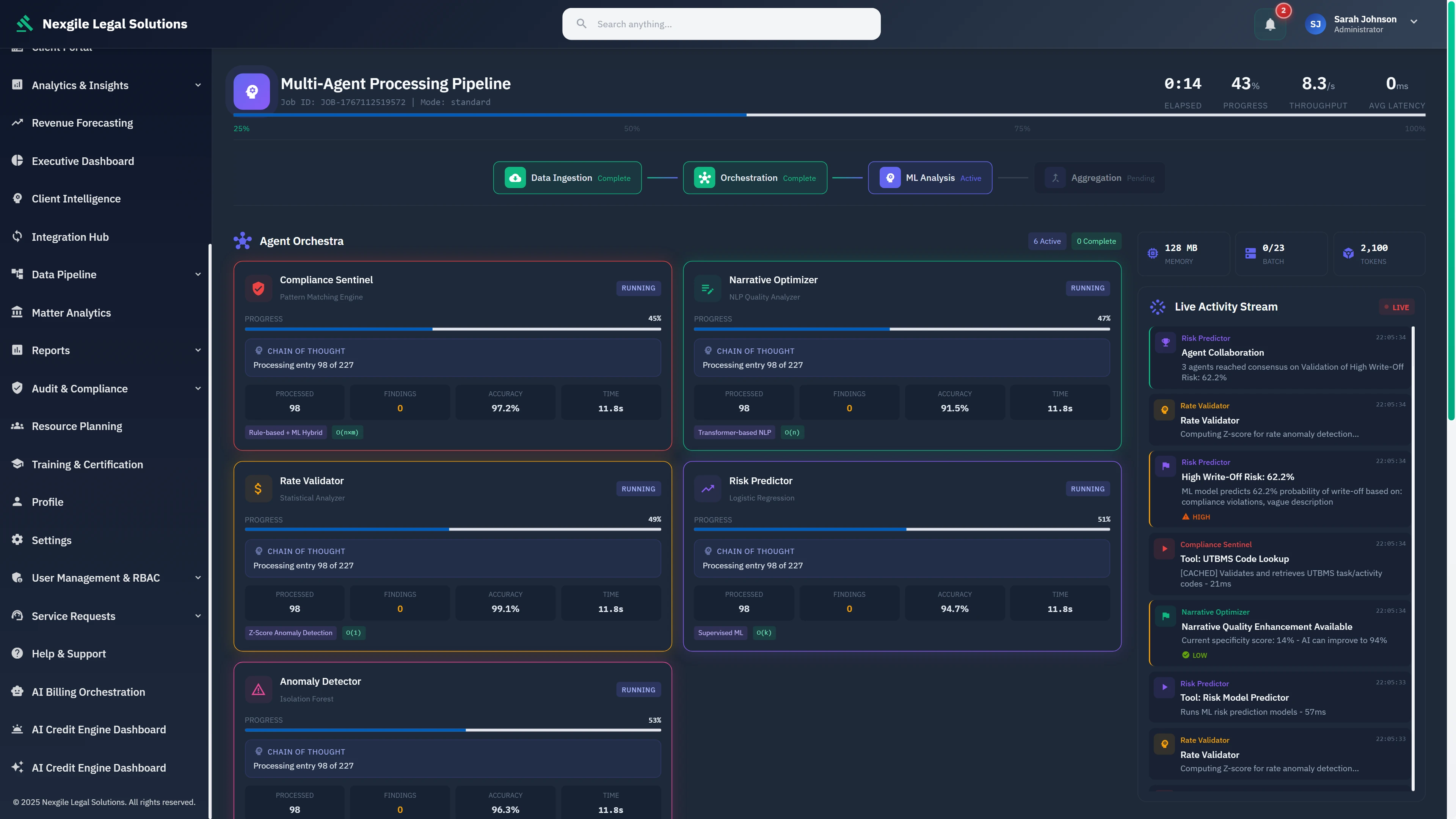 Illustrative preview (sample data, not verified outcomes): Multi-Agent Processing Pipeline - Real-time agent orchestra showing Compliance Sentinel, Narrative Optimizer, Rate Validator, Risk Predictor, and Anomaly Detector executing in parallel with live activity stream and chain-of-thought reasoning