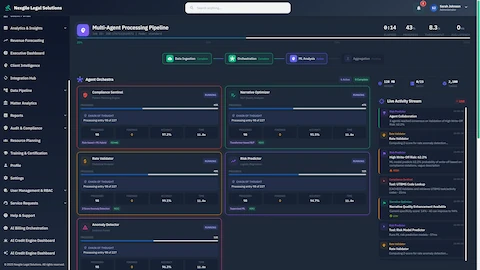 Illustrative preview (sample data, not verified outcomes): Multi-Agent Processing Pipeline - Real-time agent orchestra showing Compliance Sentinel, Narrative Optimizer, Rate Validator, Risk Predictor, and Anomaly Detector executing in parallel with live activity stream and chain-of-thought reasoning