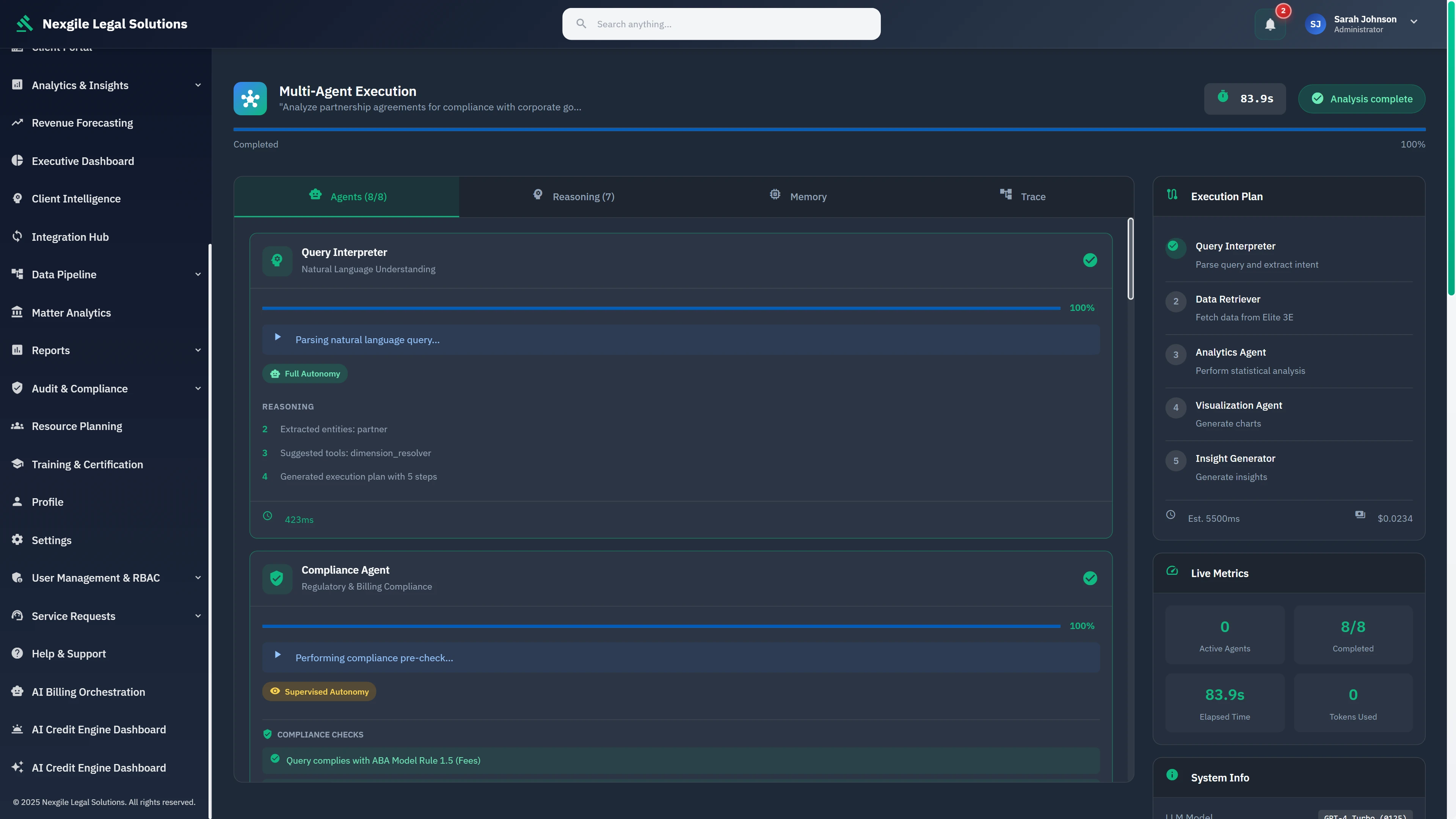 Illustrative preview (sample data, not verified outcomes): Multi-Agent Execution - Real-time orchestration visualization showing Query Interpreter and Compliance Agent processing natural language queries with execution plan, live metrics tracking 8 agents, and ReAct reasoning patterns