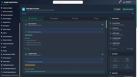 Illustrative preview (sample data, not verified outcomes): Multi-Agent Execution - Real-time orchestration visualization showing Query Interpreter and Compliance Agent processing natural language queries with execution plan, live metrics tracking 8 agents, and ReAct reasoning patterns