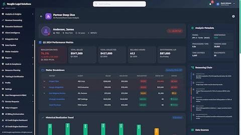Illustrative preview (sample data, not verified outcomes): Partner Deep Dive - Individual partner performance analysis showing Q1 2024 metrics, matter breakdown with realization rates, write-off tracking, historical trends, and AI-powered reasoning chain with root cause analysis
