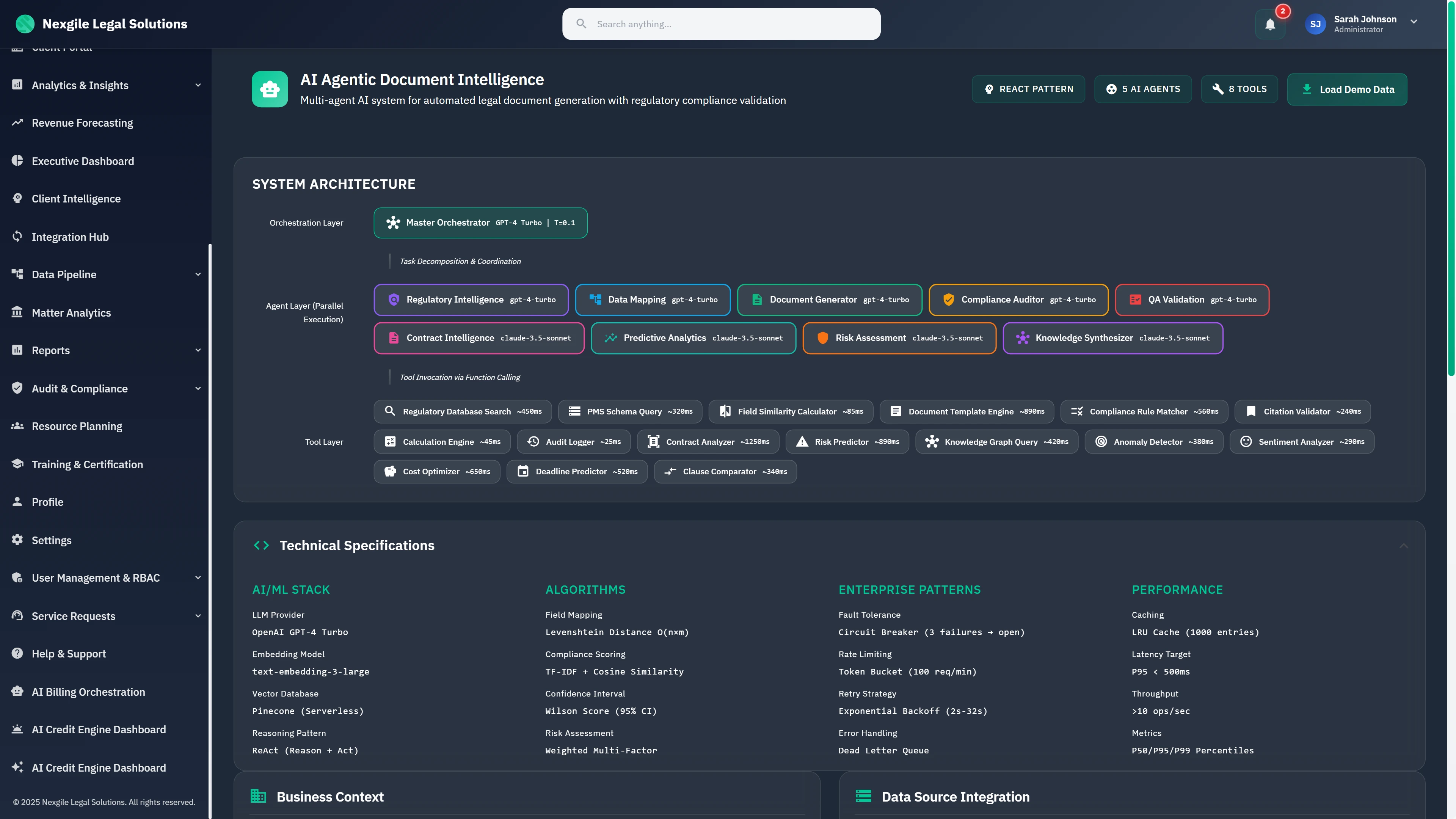 Illustrative preview (sample data, not verified outcomes): System Architecture Overview - Multi-agent AI document intelligence framework displaying Master Orchestrator, 10 specialized agents (Regulatory Intelligence, Data Mapping, Document Generator, Compliance Auditor, QA Validation, Contract Intelligence, Predictive Analytics, Risk Assessment, Knowledge Synthesizer), tool layer with 16 function-calling tools, and technical specifications for AI/ML stack, algorithms, enterprise patterns, and performance metrics