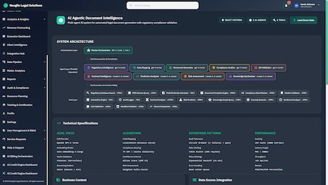Illustrative preview (sample data, not verified outcomes): System Architecture Overview - Multi-agent AI document intelligence framework displaying Master Orchestrator, 10 specialized agents (Regulatory Intelligence, Data Mapping, Document Generator, Compliance Auditor, QA Validation, Contract Intelligence, Predictive Analytics, Risk Assessment, Knowledge Synthesizer), tool layer with 16 function-calling tools, and technical specifications for AI/ML stack, algorithms, enterprise patterns, and performance metrics