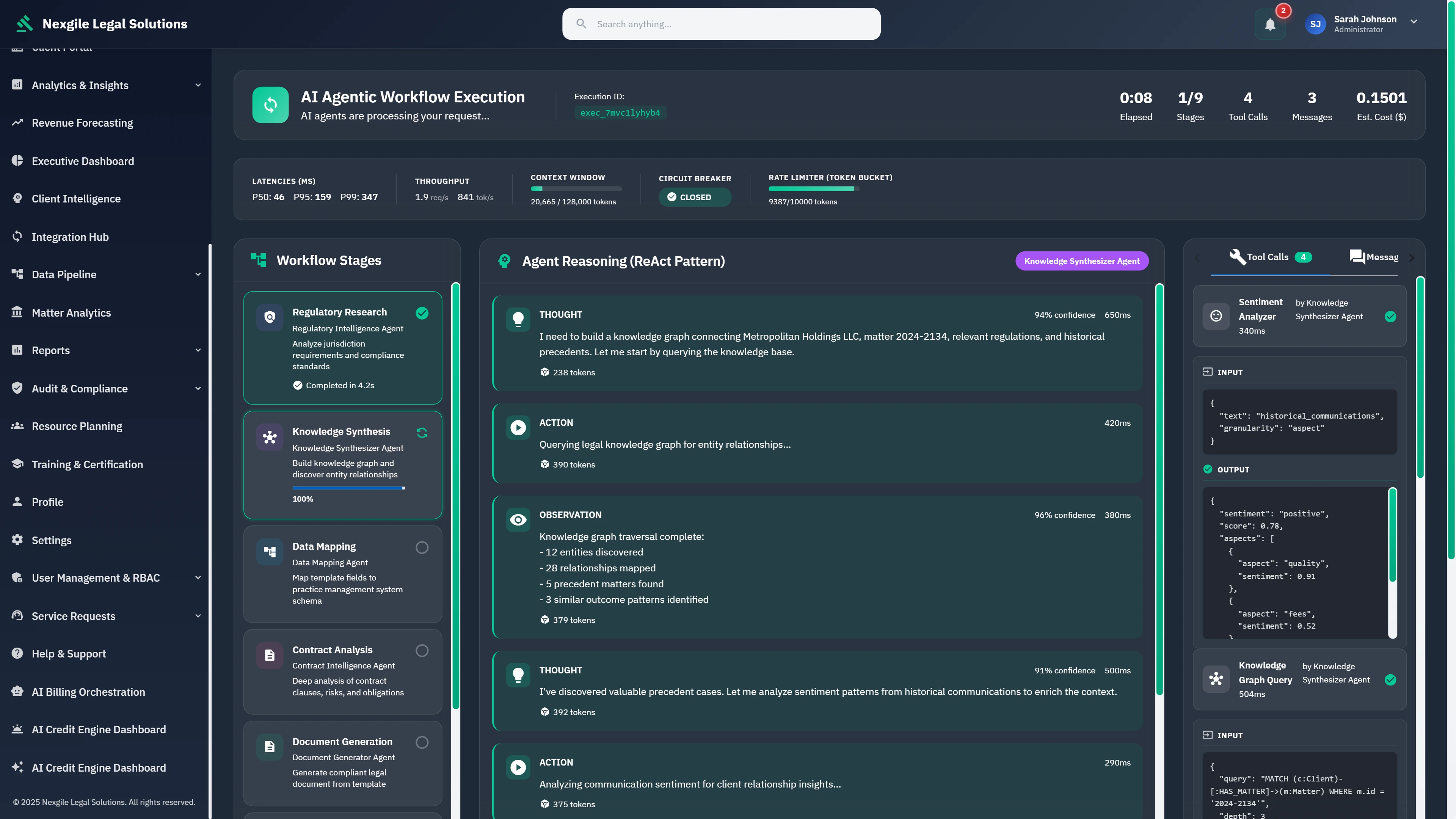 Illustrative preview (sample data, not verified outcomes): Workflow Execution Visualization - Real-time agent orchestration showing 9-stage pipeline progress, Knowledge Synthesizer Agent demonstrating ReAct reasoning pattern with THOUGHT-ACTION-OBSERVATION cycles, live tool calls for Sentiment Analyzer and Knowledge Graph Query, execution metrics including latencies, throughput, context window usage, and token consumption tracking