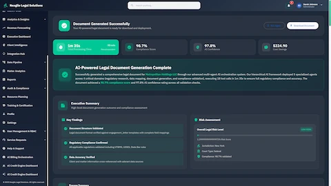 Illustrative preview (sample data, not verified outcomes): Document Generation Results - Successful completion dashboard showing 1m 35s processing time (vs 90 min manual equivalent), 98.7% compliance score, 97.8% AI confidence rating, $224.90 cost savings, executive summary with key findings (Document Structure Validated, Regulatory Compliance Confirmed, Data Accuracy Verified), and LOW risk assessment for New York federal jurisdiction
