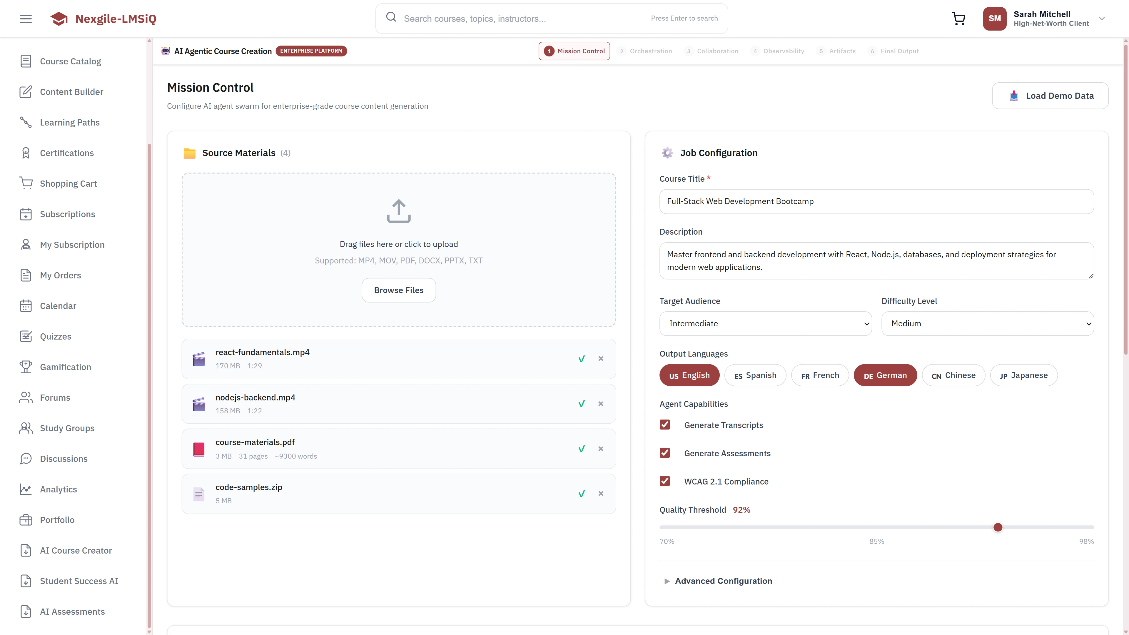 Illustrative preview (sample data, not verified outcomes): Mission Control - Source materials upload with job configuration including course title, description, target audience, difficulty level, output languages, and agent capabilities