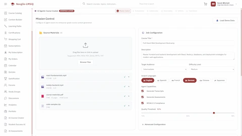 Illustrative preview (sample data, not verified outcomes): Mission Control - Source materials upload with job configuration including course title, description, target audience, difficulty level, output languages, and agent capabilities