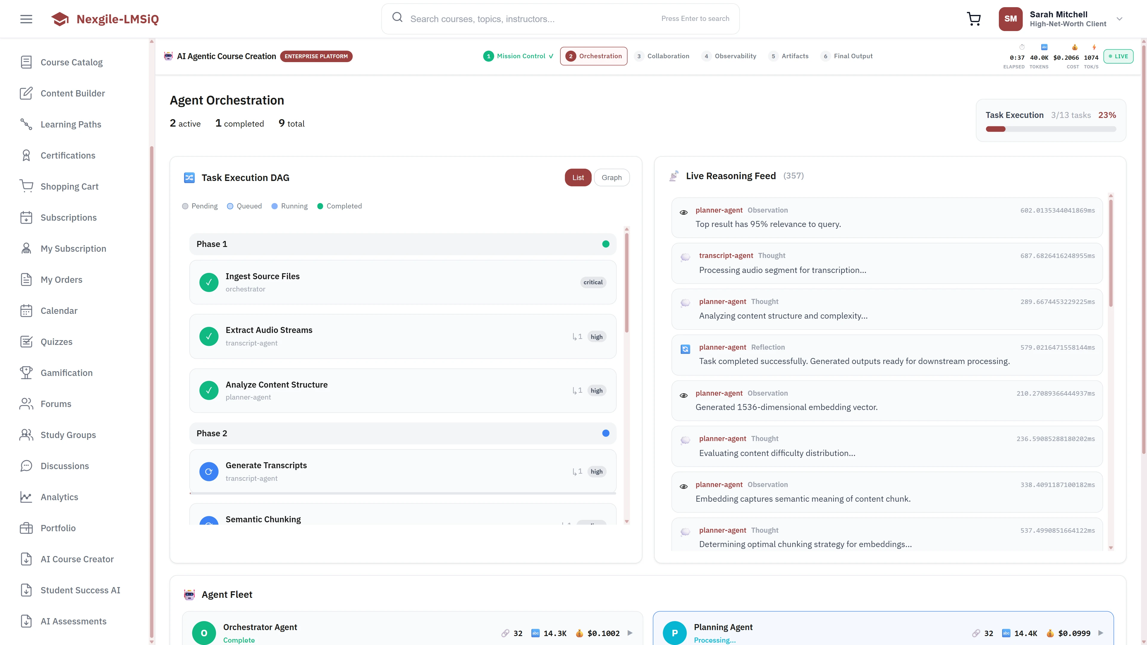Illustrative preview (sample data, not verified outcomes): Agent Orchestration - Task Execution DAG with phased workflow, live reasoning feed showing agent thoughts and actions, and Agent Fleet status panel